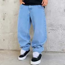 Calça Baggy Balão Jeans Azul Claro Retrô Cós de Botão