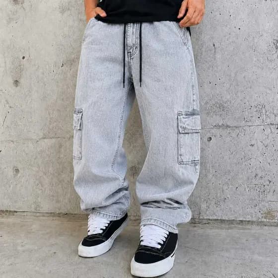 Calça Cargo Jeans Cinza Grafite Estonada Masculina