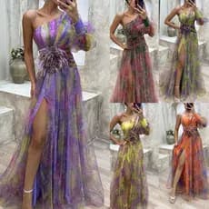 Cross-Border 2025 europeu americano novo estilo festa gaze vestido de ombro inclinado INS vestido de moda Casual feminin