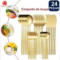 kit  jogo Talheres de Aço Inox 24 Peças Cor Dourada , Garfo e Colher e Faca pronto enviar MEGGAFLEX