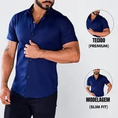 Camisa Social Masculina Tricoline Luxo Slim Fit Manga Curta Premium