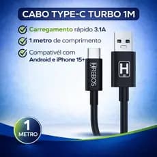 Cabo Type-C  Tipo C 1 metro 3.1A Carregamento Rápido Android e iPhone 15+ HREBOS