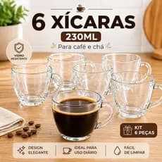 Jogo de Xícaras 6 Peças Vidro 230ml Chá Café Lisa Transparente  Mesa Posta