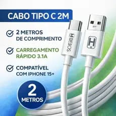 Cabo Type-C- Tipo C 2m Carregador Rápido 3.1A USB Dados Android e Compatível e Phone 15+ Branco HREBOS