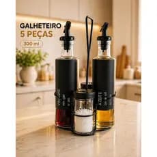 kit 5 Peças Galheteiro Vidro Grande 300ml Azeite Vinagre + Porta Temperos 85 ml cada Com Suporte