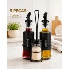 Kit Galheteiro 5 Peças Vidro 200ml Azeite Vinagre Bico Dosador Porta Temperos Suporte em Aço