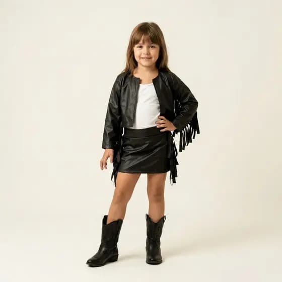 Conjunto Infantil Boiadeira Menina Country Couro Fake Luxo