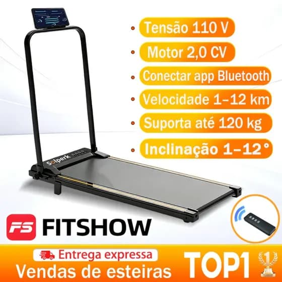 Esteira Elétrica Doméstica 2.0HP Dobrável Silenciosa Bluetooth 12km/h Suporta 120kg, Ergométrica para Casa