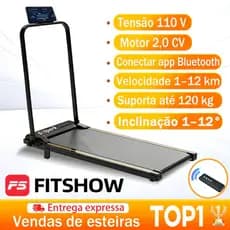 Esteira Elétrica Doméstica 2.0HP Dobrável Silenciosa Bluetooth 12km/h Suporta 120kg, Ergométrica para Casa