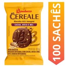 Kit 100 Sachês Biscoito Cereale Cacau, Aveia E Mel Bauducco 12,5g