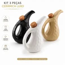 Kit 3 Galheteiro Azeiteiro Cerâmica Porta Azeite Luxo Tampa Cortiça Mesa Posta Gourmet