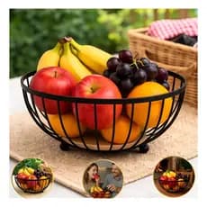 Fruteira de Mesa Rustica de Ferro e Bambu para Café da Manhã Cesto Organizador Multiuso Metal Preto