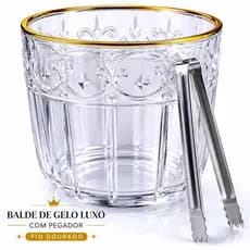 Balde de Gelo Luxo Vidro Fio de Ouro Com Pegador Elegante Mesa Posta Bar Drinks Whisky 1.2 Litros