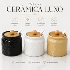 Kit 3 Pote Hermetico Porta Condimentos Cerâmica Tampa de Bambu com Colher Cozinha Gourmet