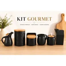 Kit 6 peças Cozinha Gourmet Cerâmica Preta Fosca Luxo Tampa Bambu Premium