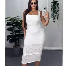 Vestido Feminino Midi Tricot Rendado Sem Manga Elegante Vestidos Verão Moda Casual Chic Premium