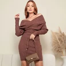 Vestido Midi Manga Longa Canelado Gola Transpassada Ombro Caido Decote Moderno Elegante
