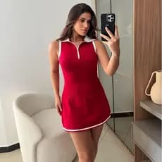 Vestido Feminino Curto Tricot Modal Gola Polo com Zíper Sem Manga Elegante Estilo Fashion Verão