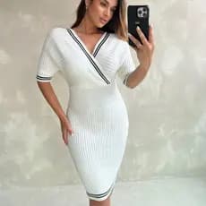 Vestido Feminino Manga Curta Canelado Gola Transpassada Verão Ombro Caído Moderno