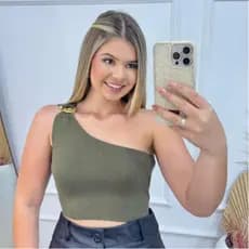 Cropped Fivela Dourada Modal Nula Manga Um Ombro Só Moda Feminina Estiloso Confortável