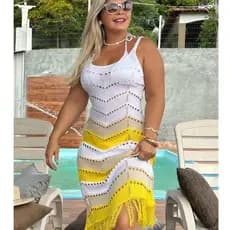 Vestido Feminino Saída De Praia Tricot Plus Size Midi Com Franja Três Cores Único G2 Premium