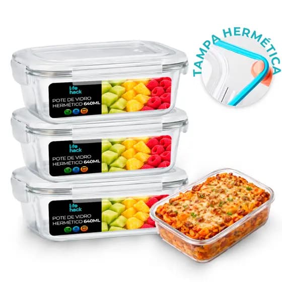Conjunto Potes Vidro Hermético Mantimentos Marmita 640ml