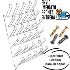 30 Porta Copos Escorredor Secador de Parede Bar Restaurante  Metal Cromado Suporte para Copos