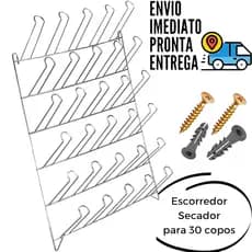 Porta Copos Escorredor Secador de Parede Bar Restaurante 12 - 20 - 24 e 30 Copos  Metal Cromado