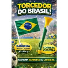 Bandeira Brasil Para Carro 45x30cm com Haste ou Corneta Vuvuzela Verde Amarelo Torcida Som Alto