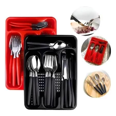 Jogo Talheres 25 Peças Aço Inox com Cabos Plásticos Conjunto Com Faca Garfo Colher