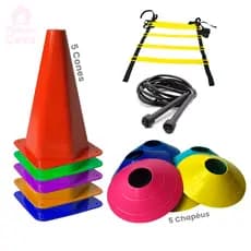 Kit 5 Cones 5 Chapéus Chinês 1 Corda de pular e 1 Escada Agilidade Funcional Para Diversos Tipos de Treino