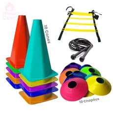 Kit 10 Cones 10 Chapéus Chinês 1 Corda de pular e 1 Escada Agilidade Funcional Para Diversos Tipos de Treino