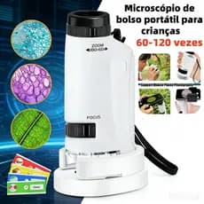 Microscópio de bolso portátil para crianças, 60-120 vezes, HD, luz LED, experimento científico, brinquedo de observação