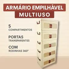 Organizador Portátil Armário Empilhável Multiuso com 5 Compartimentos e Rodinhas 360°
