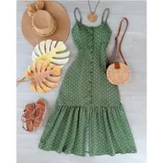 Vestido mídi crepinhho com bojo e botões; lisa, onça e bolinhas