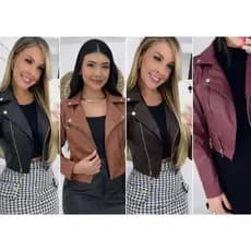 Jaqueta Feminina Couro Fake com Zíper e Botões – Modelo Moderno e Elegante