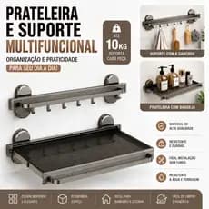 Prateleira Dobrável Banheiro Sem Furar – Suporte de Parede Retrátil com Ganchos Ventosa 44cm e 60cm