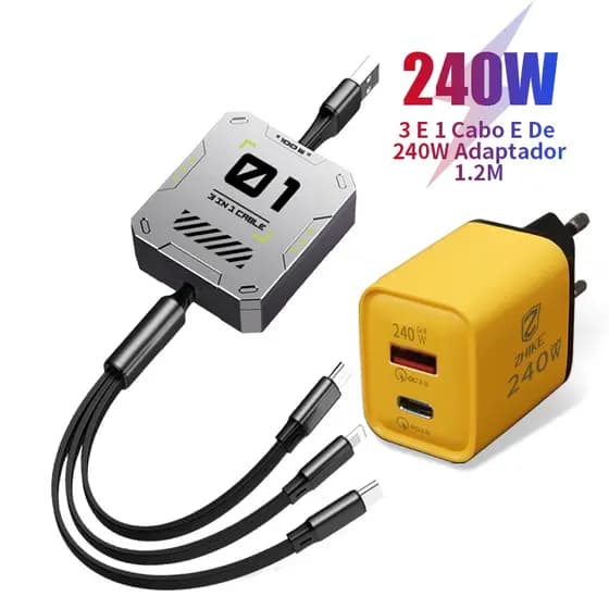 Cabo Carregador Celular Carregamento Rápido 3 em 1 Tipo C V8 iP 1,2M Retrátil com GaN Adaptador