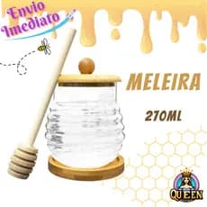 Porta Mel Meleira de Vidro Com Pegador Colher Suporte e Tampa de Bambu Madeira Elegante 270 ml