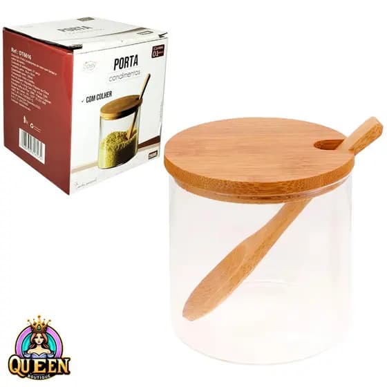 Açucareiro de Vidro com Colher Porta Condimento e Porta Tempero Tampa Bambu 280ml Porta Sal Pote Vidro QUEIMA DE ESTOQUE