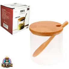 Açucareiro de Vidro com Colher Porta Condimento e Porta Tempero Tampa Bambu 280ml Porta Sal Pote Vidro QUEIMA DE ESTOQUE