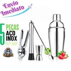 Kit Caipirinha Coqueteleira 5 Peças Coqueteleira Colher Espremedor Socador E Dosador Duplo Aço Inox Inoxidável
