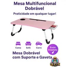 Mesa Notebook Rosa COM Gaveta Porta Copos e Slot Para Tablet Suporte de Sofa Mesinhaa Madeira Dobrável Portátil Multiuso
