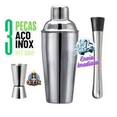 Kit Caipirinha Coqueteleira 3 Peças Coqueteleira Socador E Dosador Duplo Aço Inox