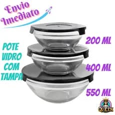Kit Conjunto 3 Potes de Vidro Redondo Com Tampa Bowls Bacia Saladeira Multiuso Tigela