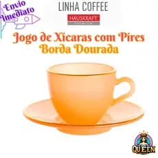 Jogo de Xícaras e Pires Vidro Coffee Matte Hauskraft Premium 8 Peças Borda Dourada (Branco, Âmbar, Lilás, Rosa ou Verde)