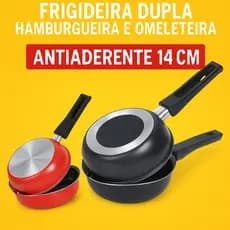 Frigideira Dupla 14cm Antiaderente Hamburgueira e Omeleteira Preto ou Vermelho