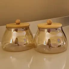 Pote Vidro AMBAR BOLINHA P Dourado C/ Tampa Hermética Bambu 450ML Arredondado