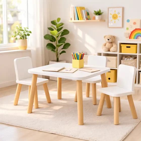 Mesa Infantil 3 cadeira  MDF Branca com Pés de Madeira Pinus para  Quarto Criança infantil