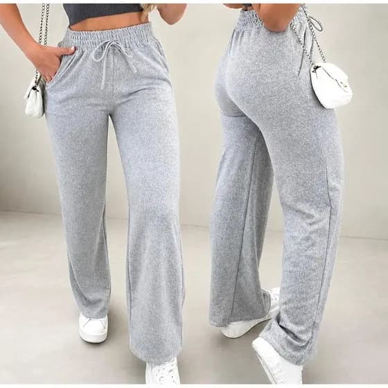 Calça Pantalona Lanzinha Feminina Cintura Alta Com Elastico De e Bolso Outono / Inverno Promoção